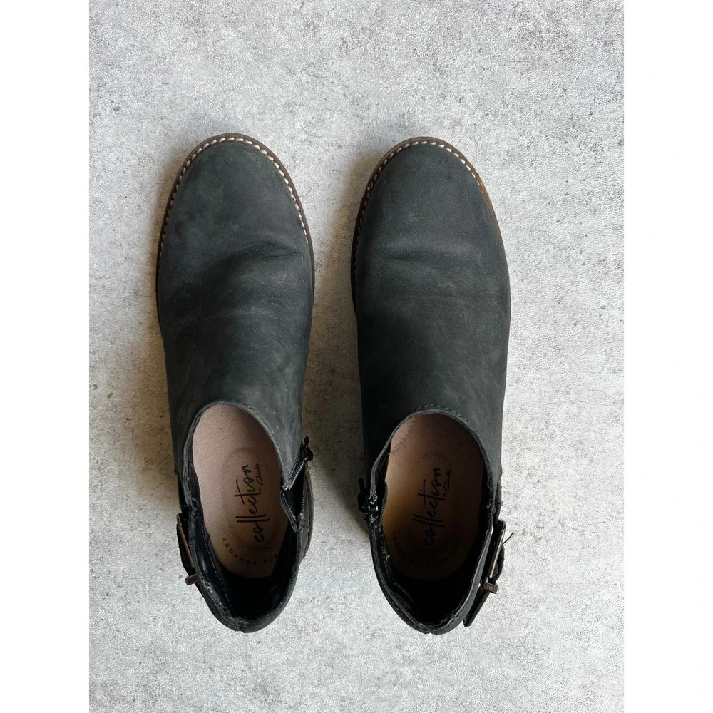 Clarks Camzin Women Short Black Leather‎ Ankle Booties Zip Buckle 7.5 Comfort